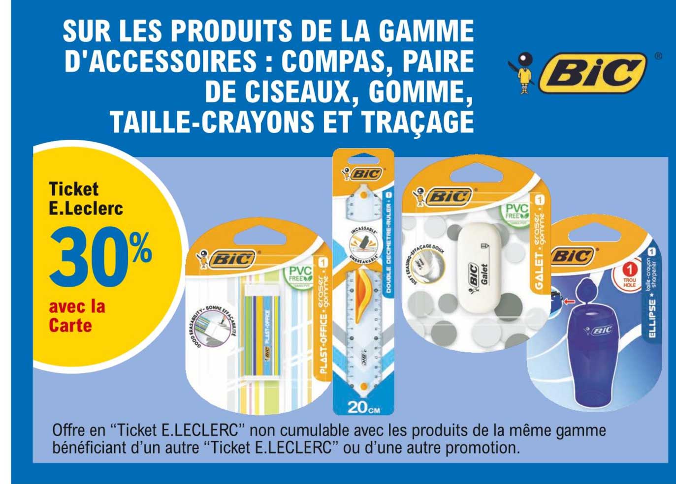 la gamme d'accessoires : compas, paire de ciseaux, gomme, taille-crayons et traçage bic