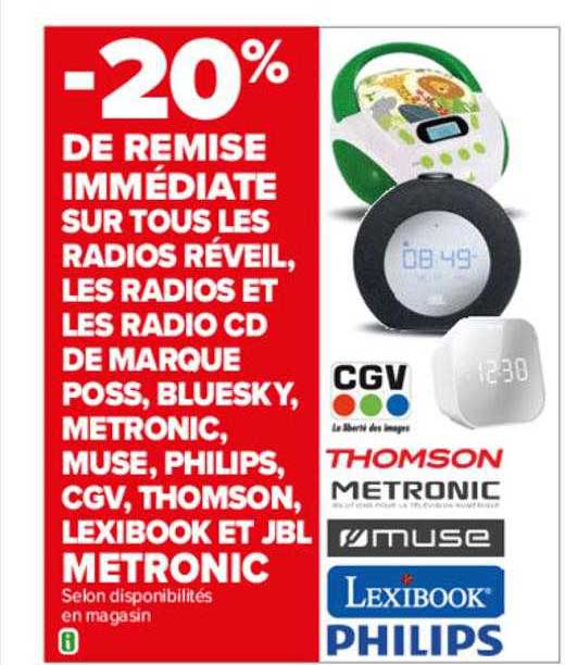radios réveil, les radios et radio cd de marque poss, bluesky, metronic, muse, philips, cgv, thomson, lexibook et jbl metronic