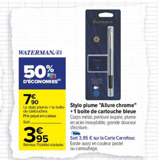 Stylo Plume "allure Chrome" + 1 Boîte De Cartouche Bleue Waterman