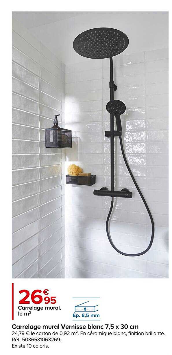 Carrelage Mural Vernisse Blanc 7,5 X 30 Cm