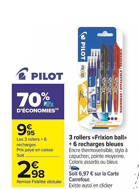 3 Rollers «frixion Ball» + 6 Recharges Bleues Pilot