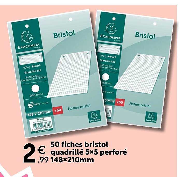 50 fiches bristol quadrillé 5x5 perforé 148 x 210 mm