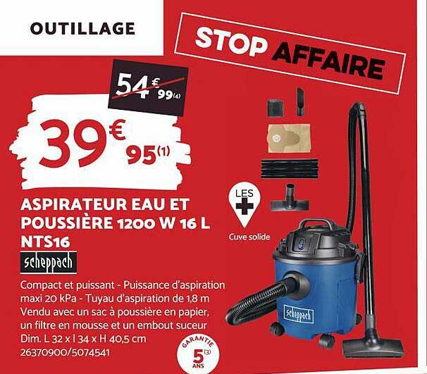 aspirateur eau et poussière 1200w 16l nts16 scheppach