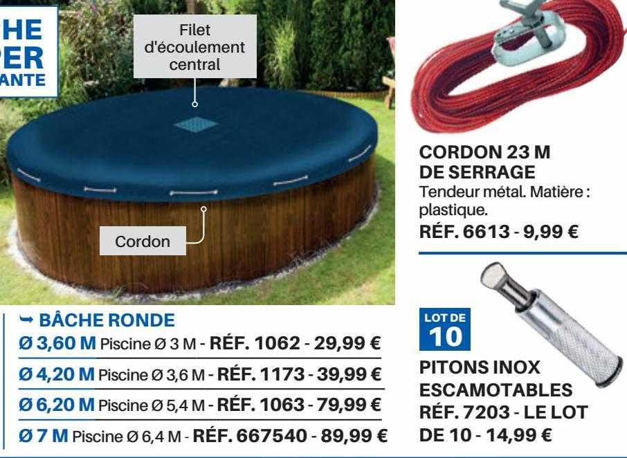bâche ronde, pitons inoix escamotables, cordon 23 m de serrage