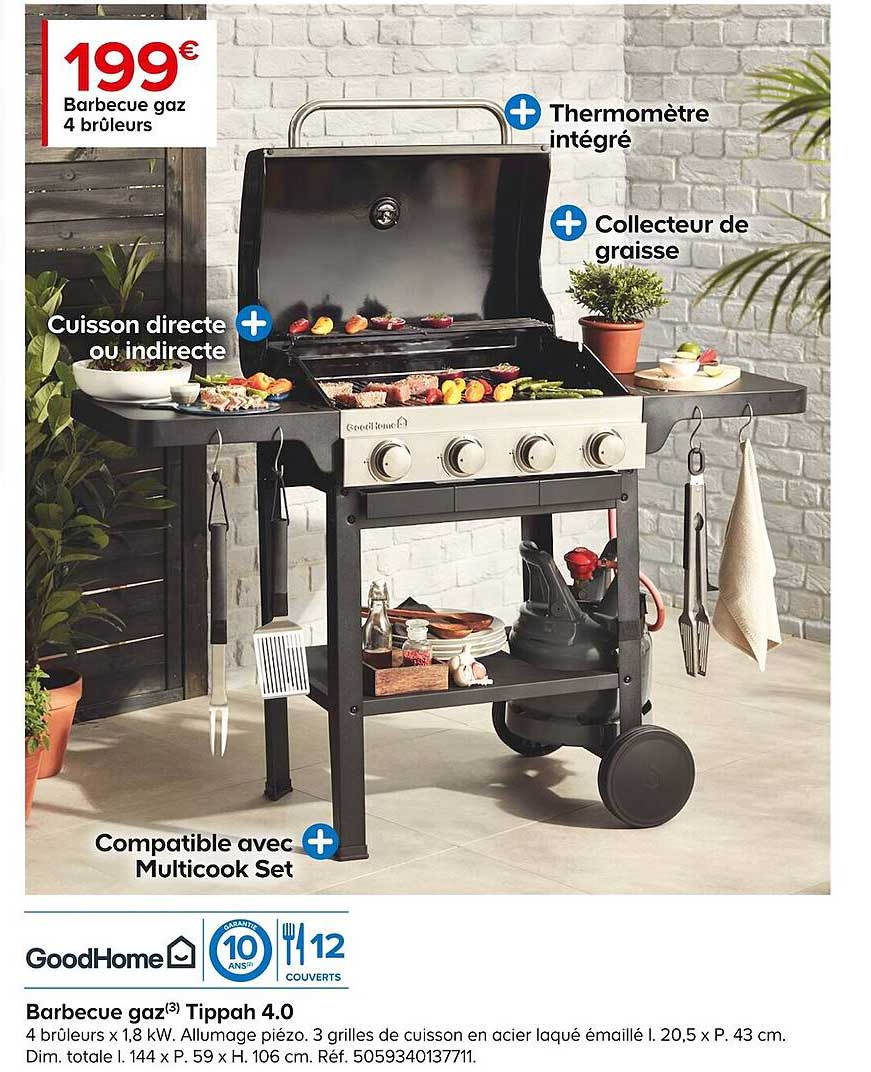 barbecue gaz 4 brûleurs tippah 4.0 goodhome