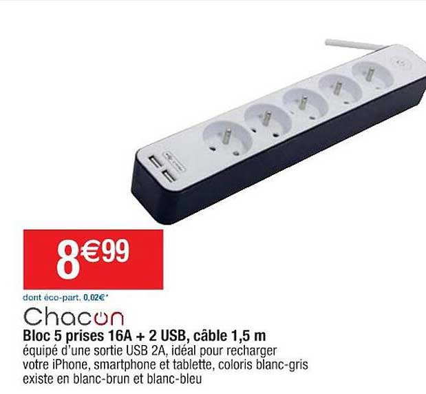 bloc 5 prises 16A + 2 usb, câble 1,5 m chacon