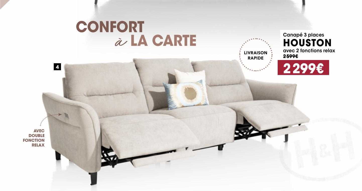 canapé 3 places houston avec 2 fonctions relax