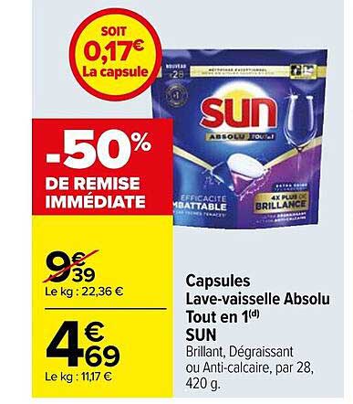 capsules lave-vaisselle absolu tout en 1 sun