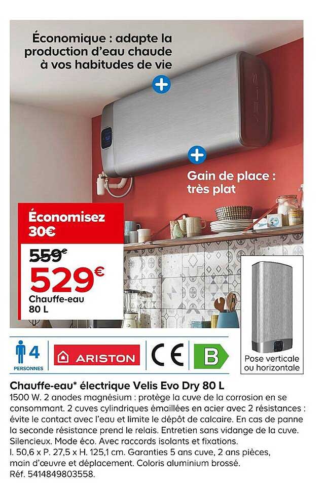 chauffe-eau électrique velis evo dry 80l ariston
