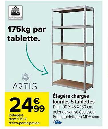 étagère charges lourdes 5 tablettes artis