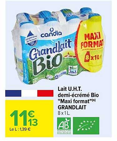 lait u.h.t. demi-écrémé bio "maxi format" grand lait