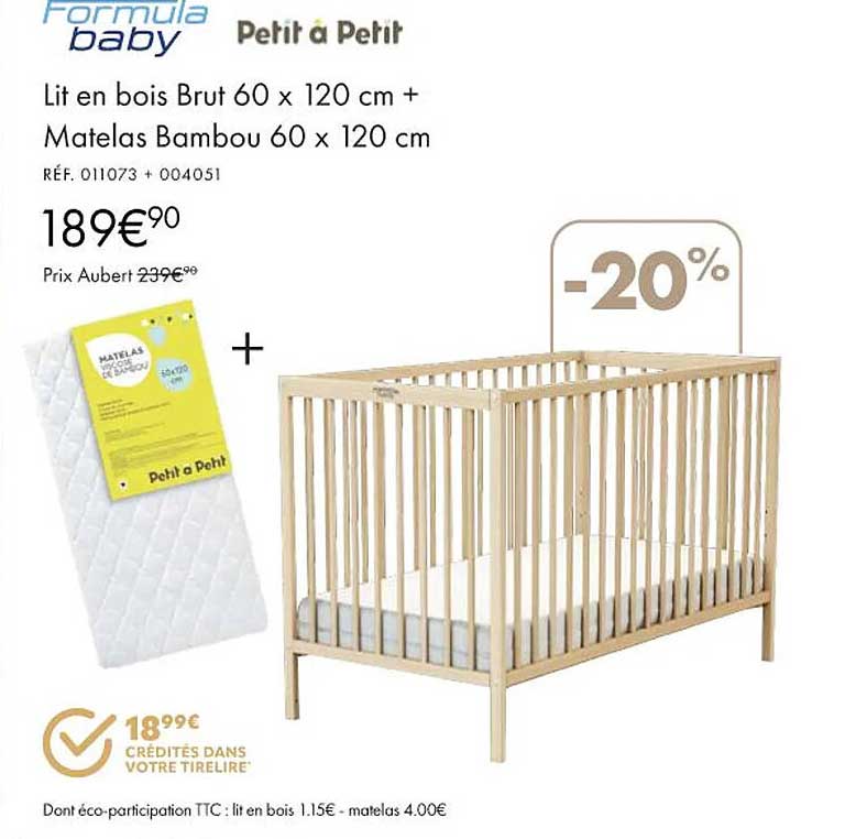 Lit En Bois Brut 60 X 120 Cm + Matelas Bambou 60 X 120 Cm Formula Baby
