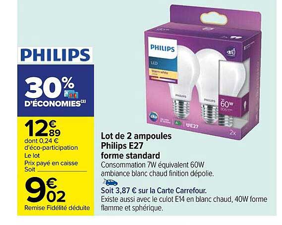 Lot De 2 Ampoules Philips E27 Forme Standard