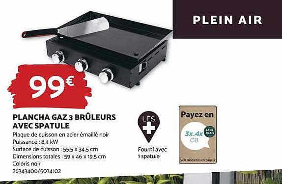 plancha gaz 3 brûleurs avec spatule