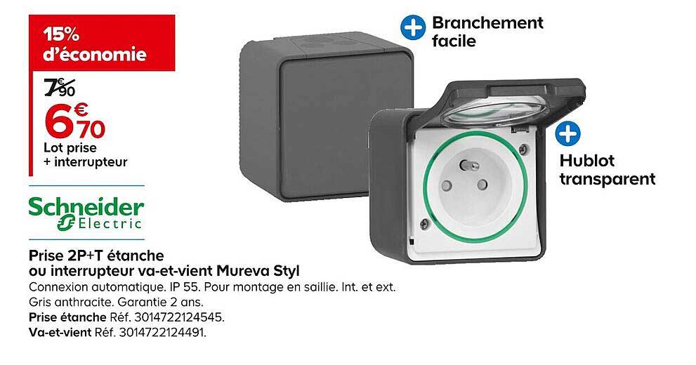 prise 2p+t étanche ou interrupteur va-et-vient mureva styl schneider electric