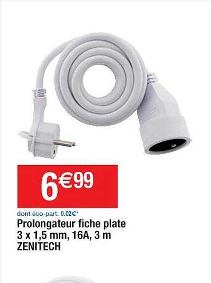 prolongateur fiche plate 3 x 1,5 mm, 16A, 3 m zenitech