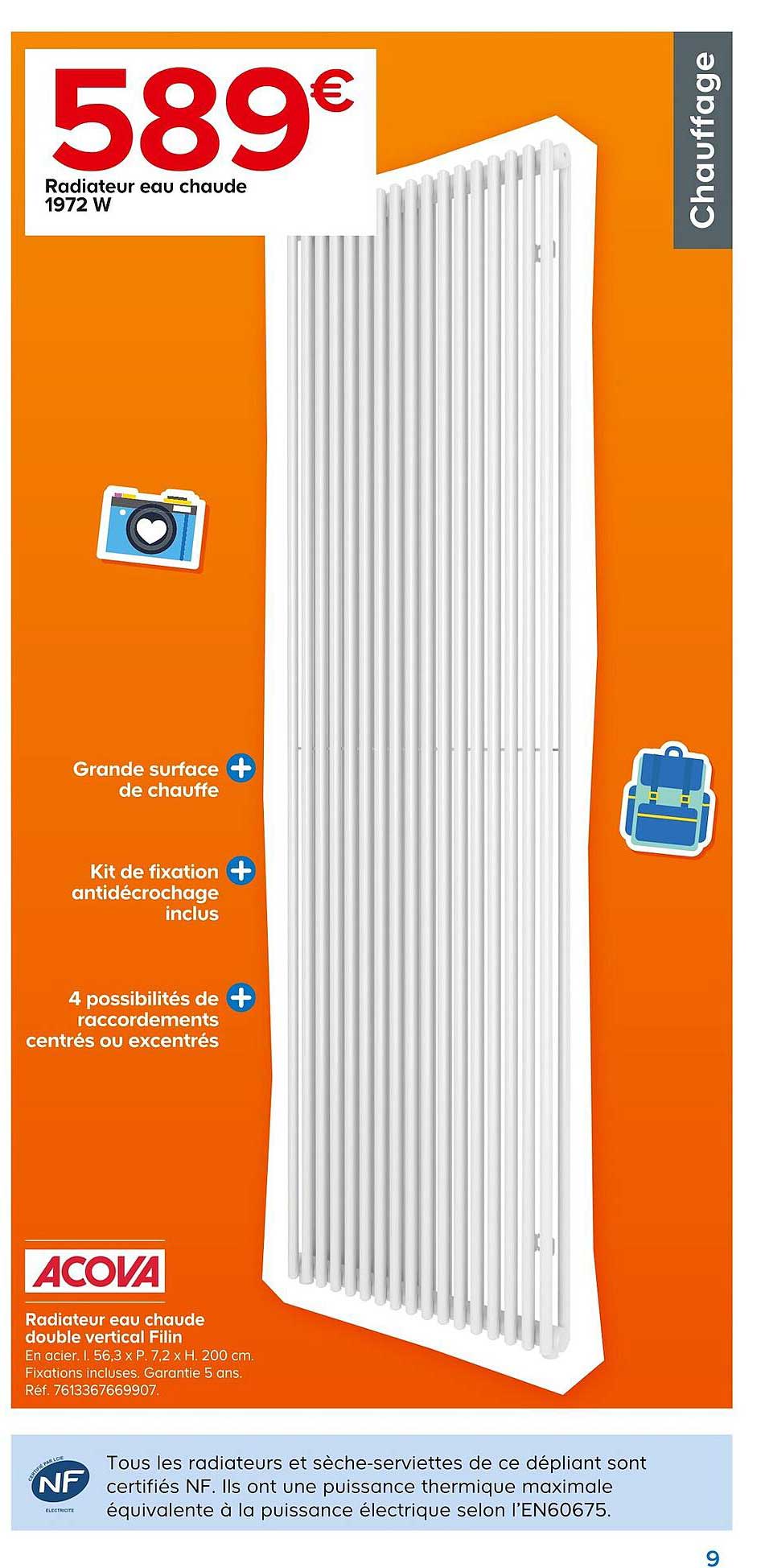 radiateur eau chaude 1972w double vertical filin