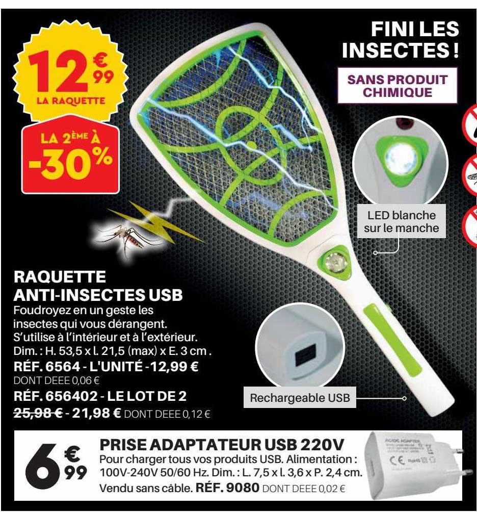 raquette anti-insectes usb, prise adaptateur usb 220v