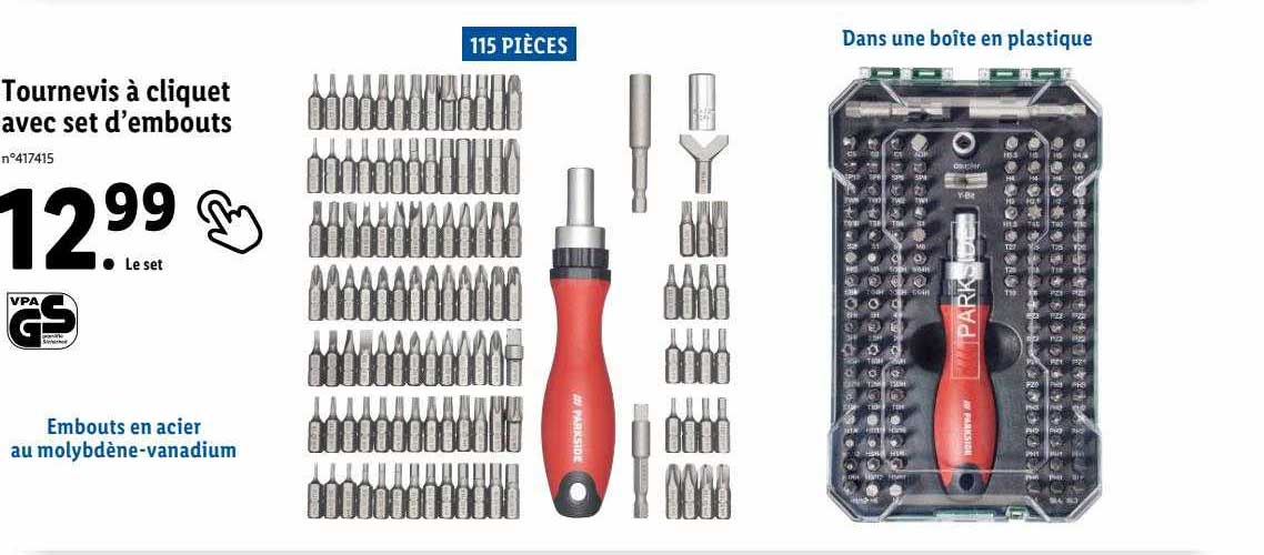 tournevis à cliquet avec set d'embouts