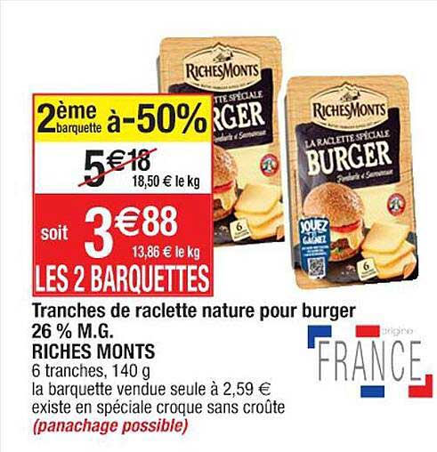 tranches de raclette nature pour burger 26% m.g. riches monts