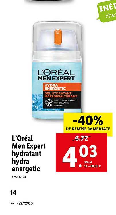 l'oréal men expert hydratant hydra energetic -40% remise immédiate