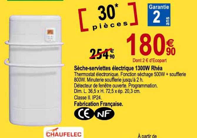 sèche serviettes électrique 1300w rhéa chaufelec