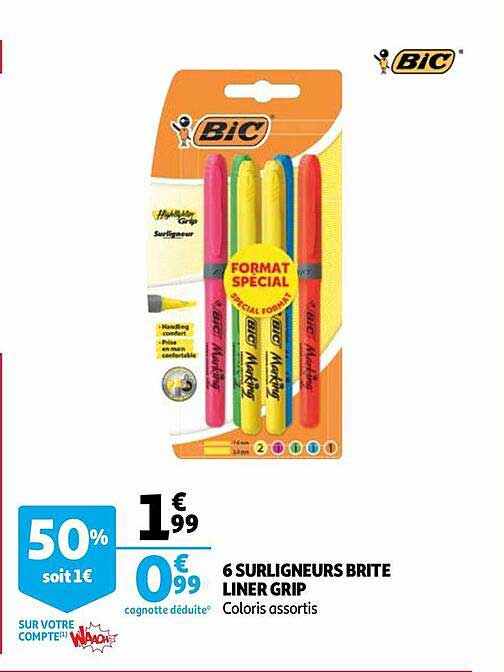 6 surligneurs brite liner grip bic