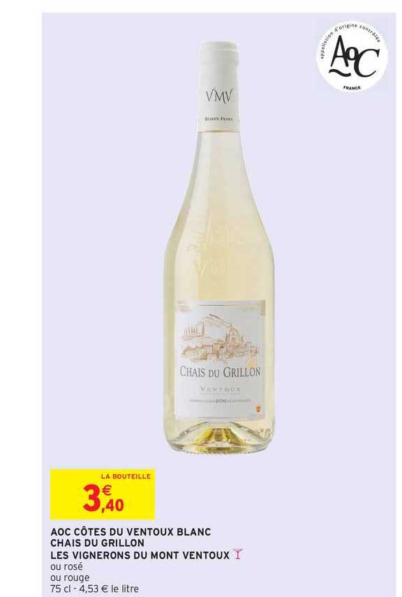 aoc côtes du ventoux blanc chais du grillon les vignerons du mont ventoux