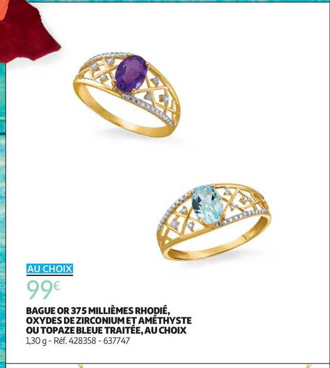 bague or 375 millièmes rhodié, oxydes de zirconium et améthyste ou topaze bleue traitée, au choix