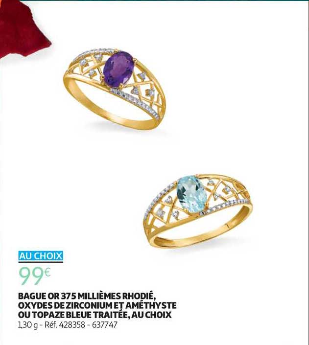 bague or 375 millièmes rhodié, oxydes de zirconium et améthyste ou topaze traitée, au choix