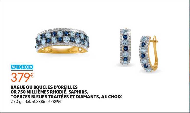 bague ou boucles d'oreilles or 750 millièmes rhodié, saphirs, topazes bleues traitées et diamants, au choix
