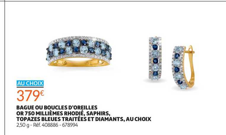 bague ou boucles d'oreilles or 750 millièmes rhodié, saphirs, topazes bleues traitées et diamants, au choix