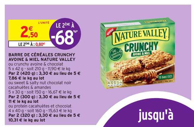 barre de céréales crunchy avoine & miel nature valley