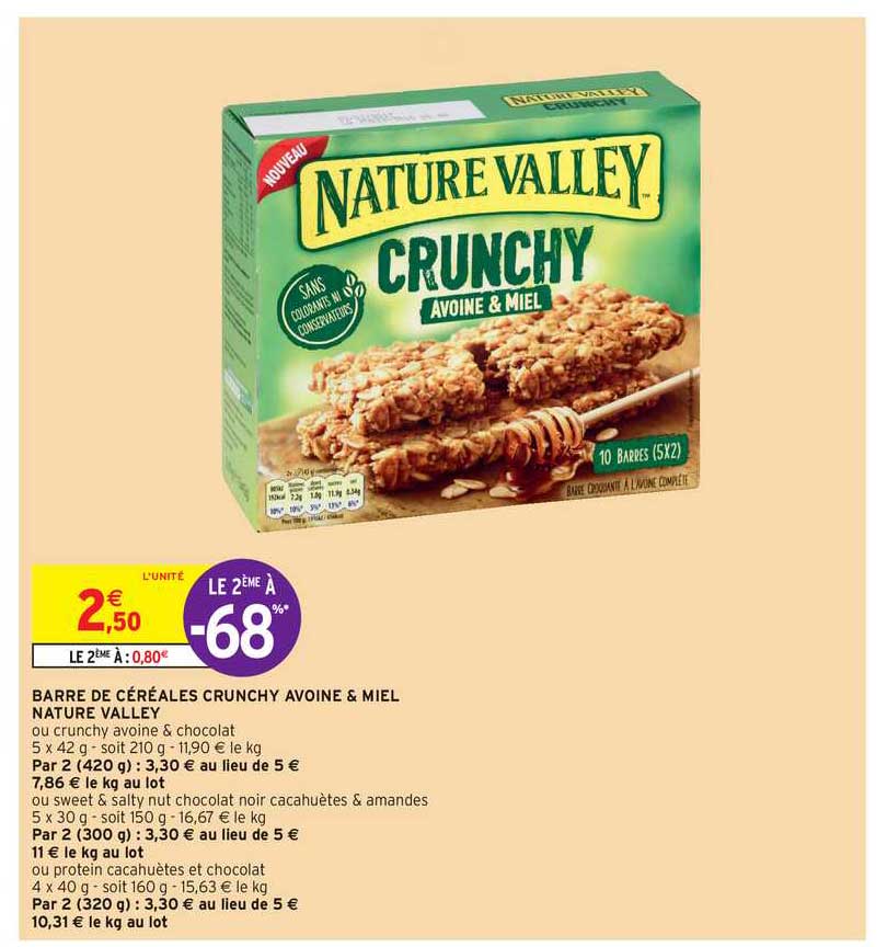 barre de céréales crunchy avoine & miel nature valley