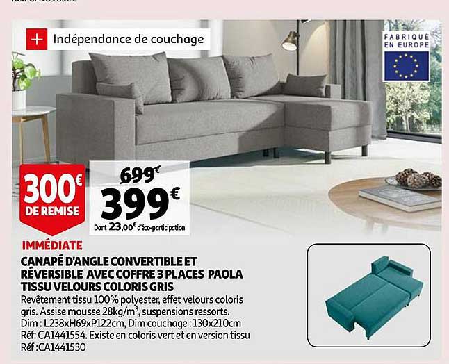 canapé d'angle convertible et réversible avec coffre 3 places paola tissu velours coloris gris