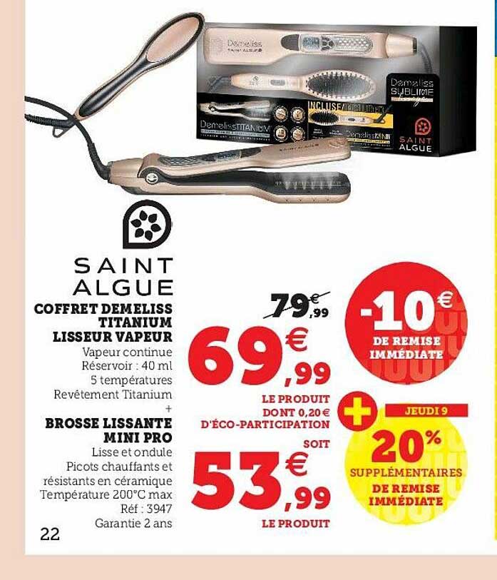 coffret demeliss titanium lisseur vapeur, brosse lissante mini pro saint algue