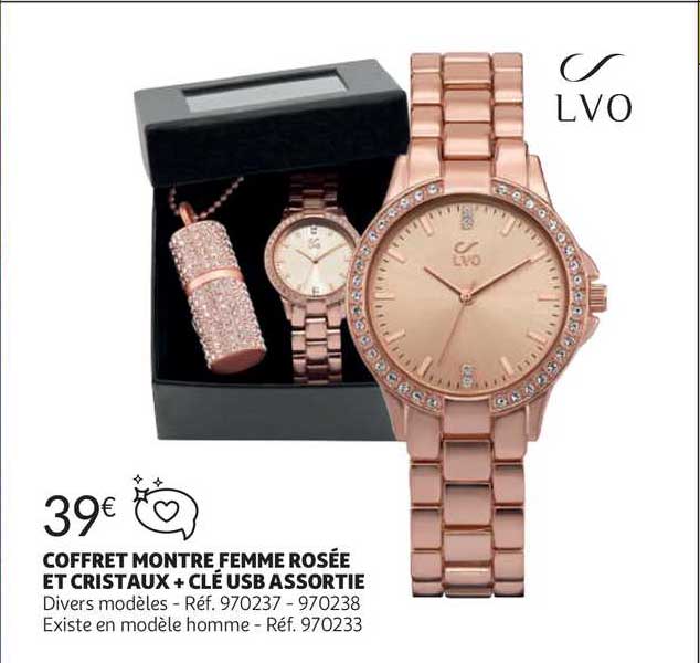 coffret montre femme rosée et cristaux + clé usb assortie
