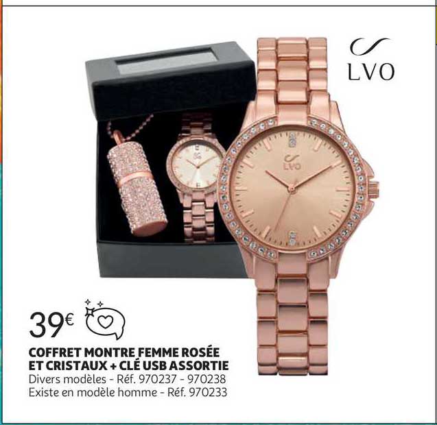 coffret montre femme rosée et cristaux + clé usb assortie lvo