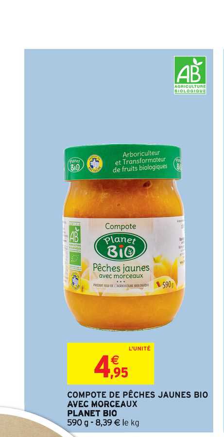 compote de pêches jaunes bio avec morceaux planet bio