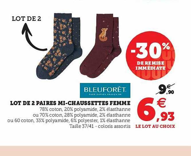 lot de 2 paires mi-chaussettes femme bleuforêt