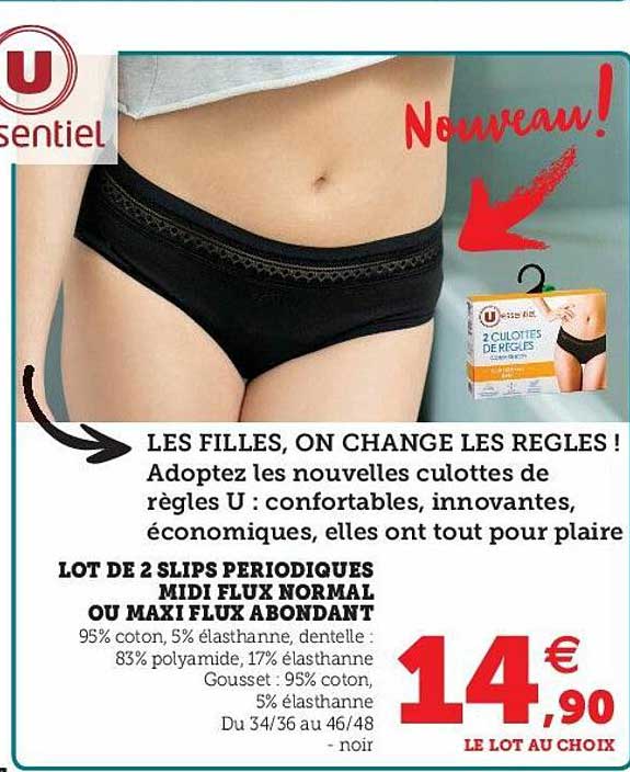 lot de 2 slips periodiques midi flux normal ou maxi flux abondant