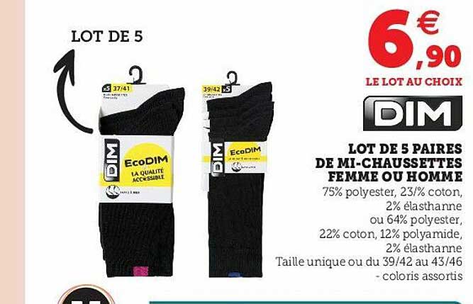 lot de 5 paires de mi-chaussettes femme ou homme dim