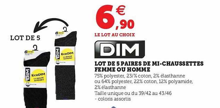 Lot De 5 Paires De Mi-chaussettes Femme Ou Homme Dim