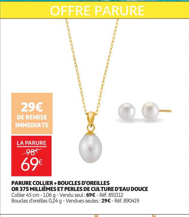 parure collier + boucles d'oreillers or 375 millièmes et perles de culture ture d'eau douce