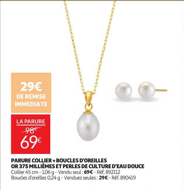 parure collier + boucles d'oreilles or 375 millièmes et perles de culture d'eau douce