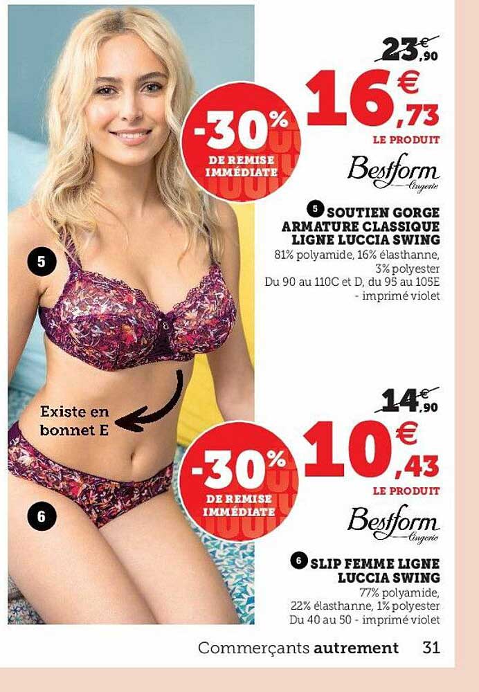 soutien gorge armaure classique ligne luccia swing bestform, slip femme ligne luccia swing bestform