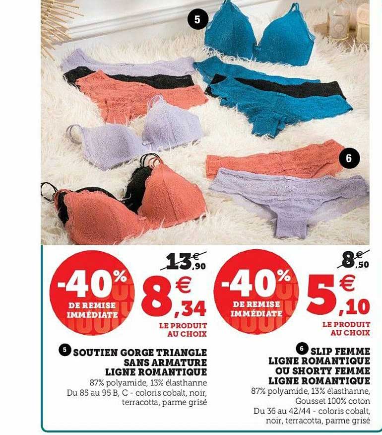 soutien gorge triangle sans armature ligne romantique, slip femme ligne romantique ou shorty femme ligne romantique