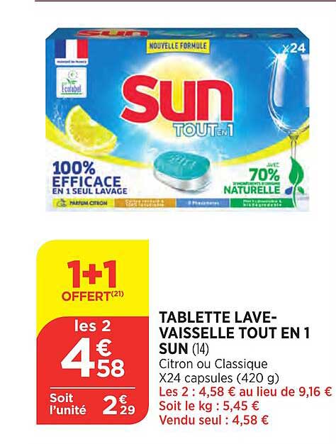 tablette lave-vaisselle tout en 1 sun