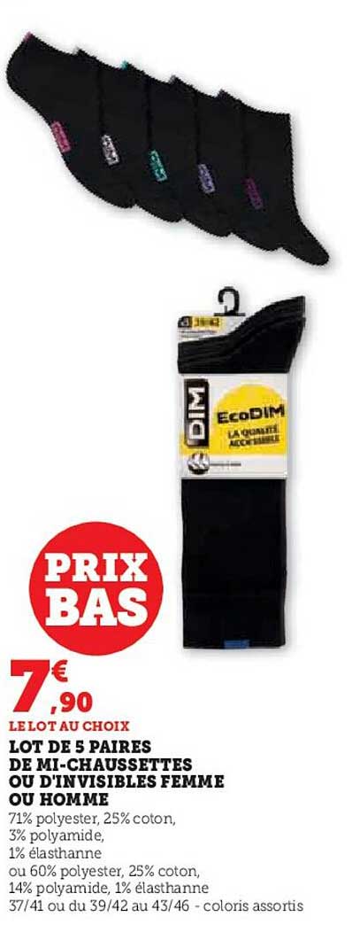 lot de 5 paires de mi-chaussettes ou d'invisibles femme ou homme dim