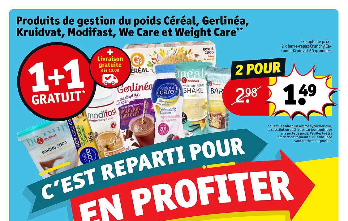 produits de gestion du poids céréal, gerlinéa, kruidvat, modifast, we care et weight care